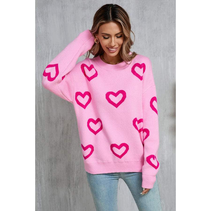 Angel Wings Heart Round Neck Dropped Shoulder Long Sleeve Sweater Apparel and Accessories