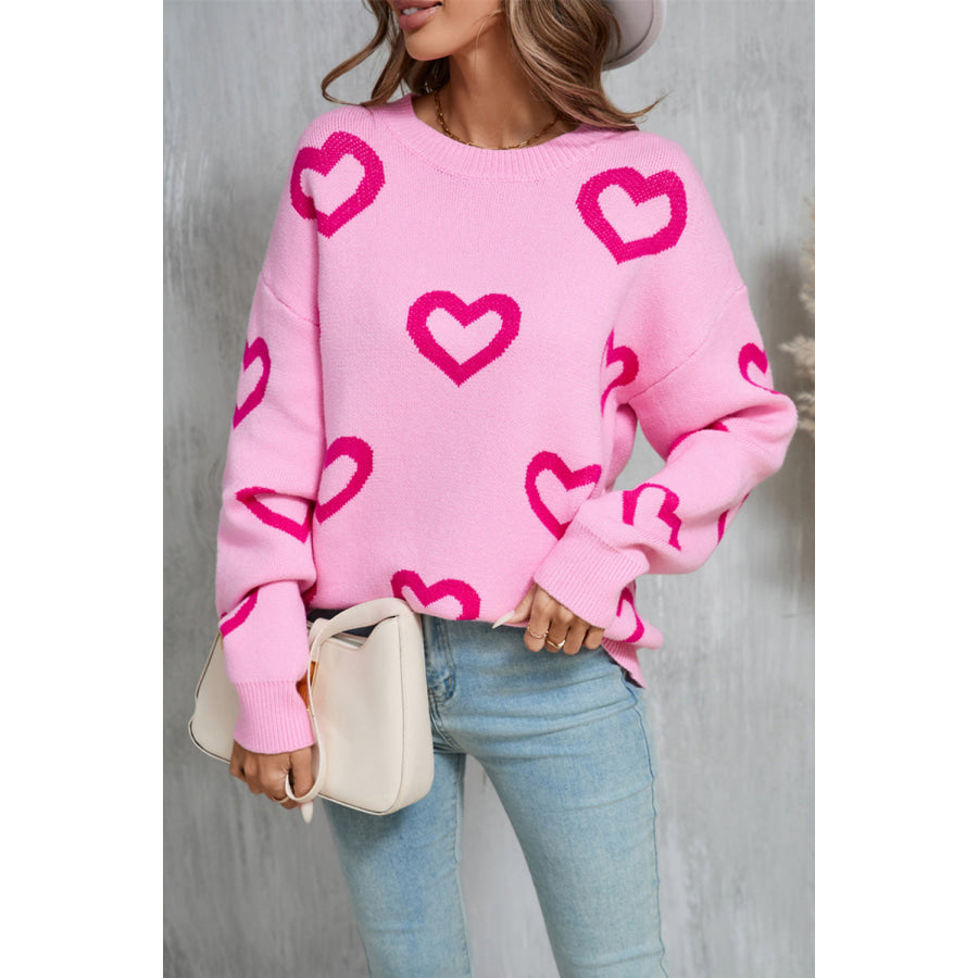 Angel Wings Heart Round Neck Dropped Shoulder Long Sleeve Sweater Fuchsia Pink / S Apparel and Accessories