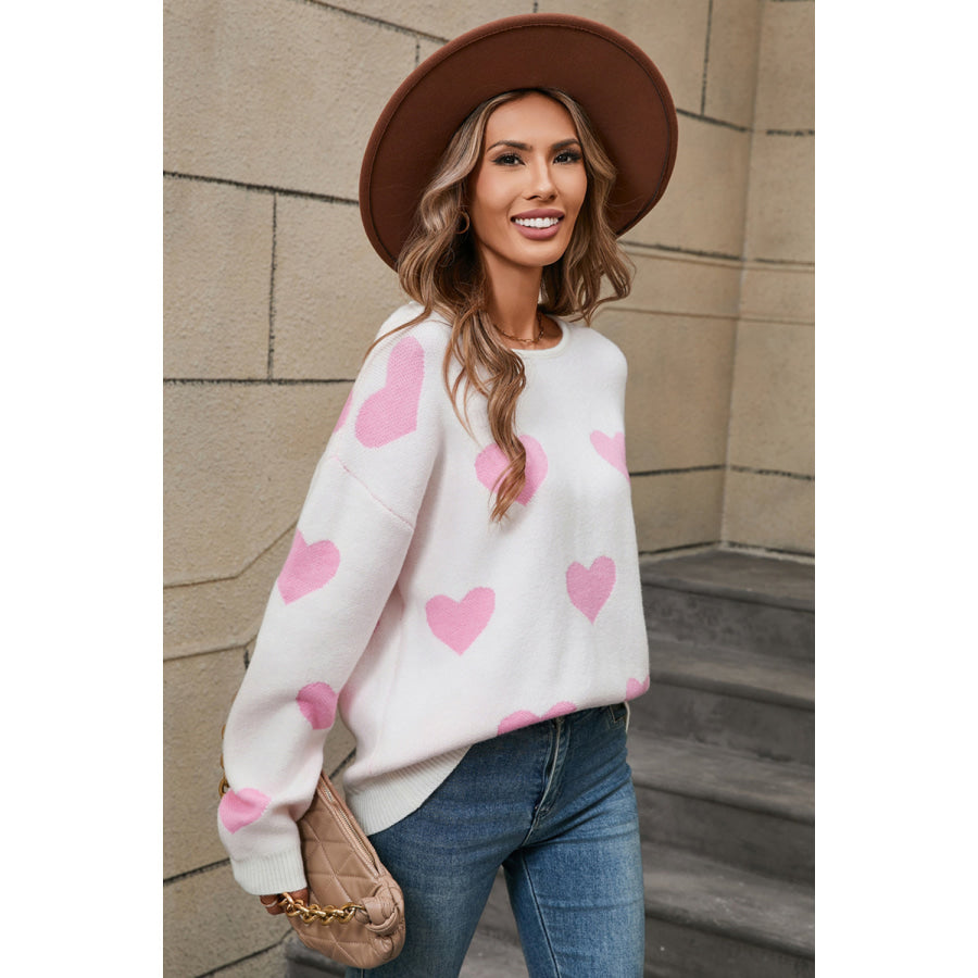 Angel Wings Heart Round Neck Dropped Shoulder Sweater Apparel and Accessories