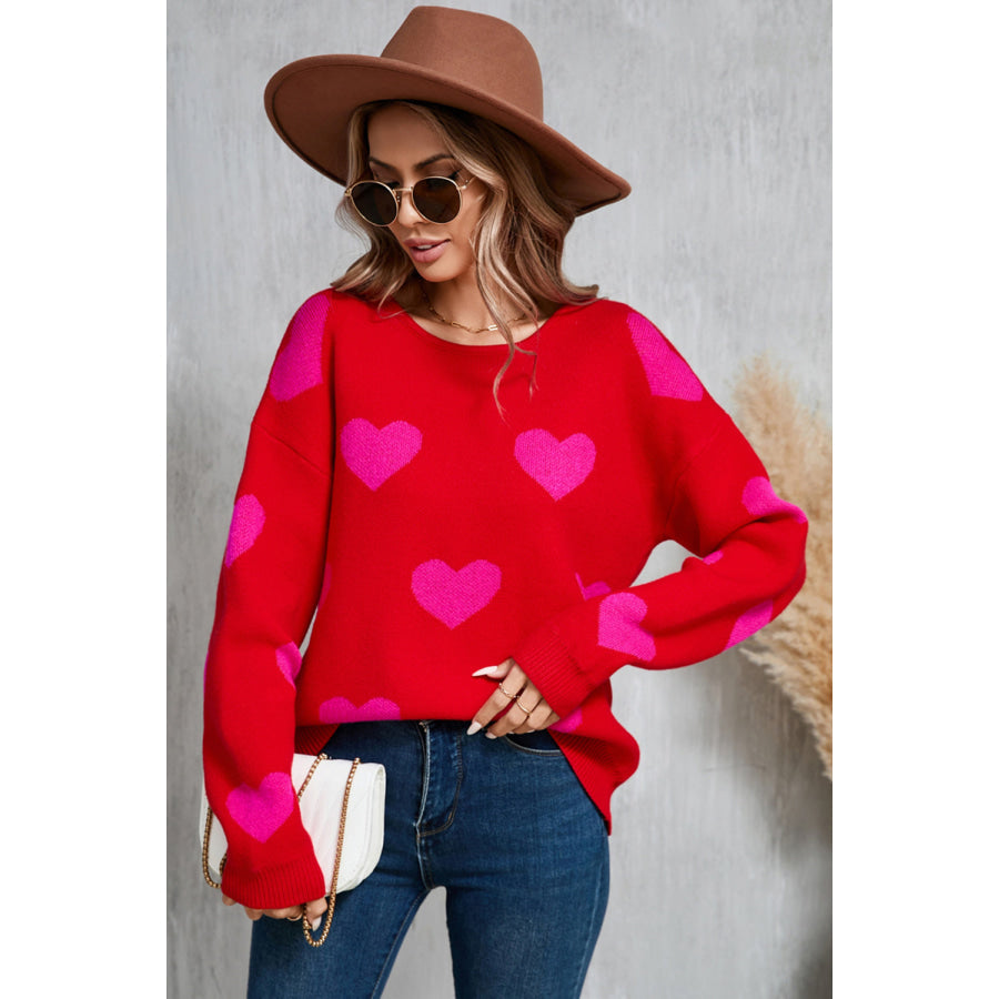 Angel Wings Heart Round Neck Dropped Shoulder Sweater Apparel and Accessories