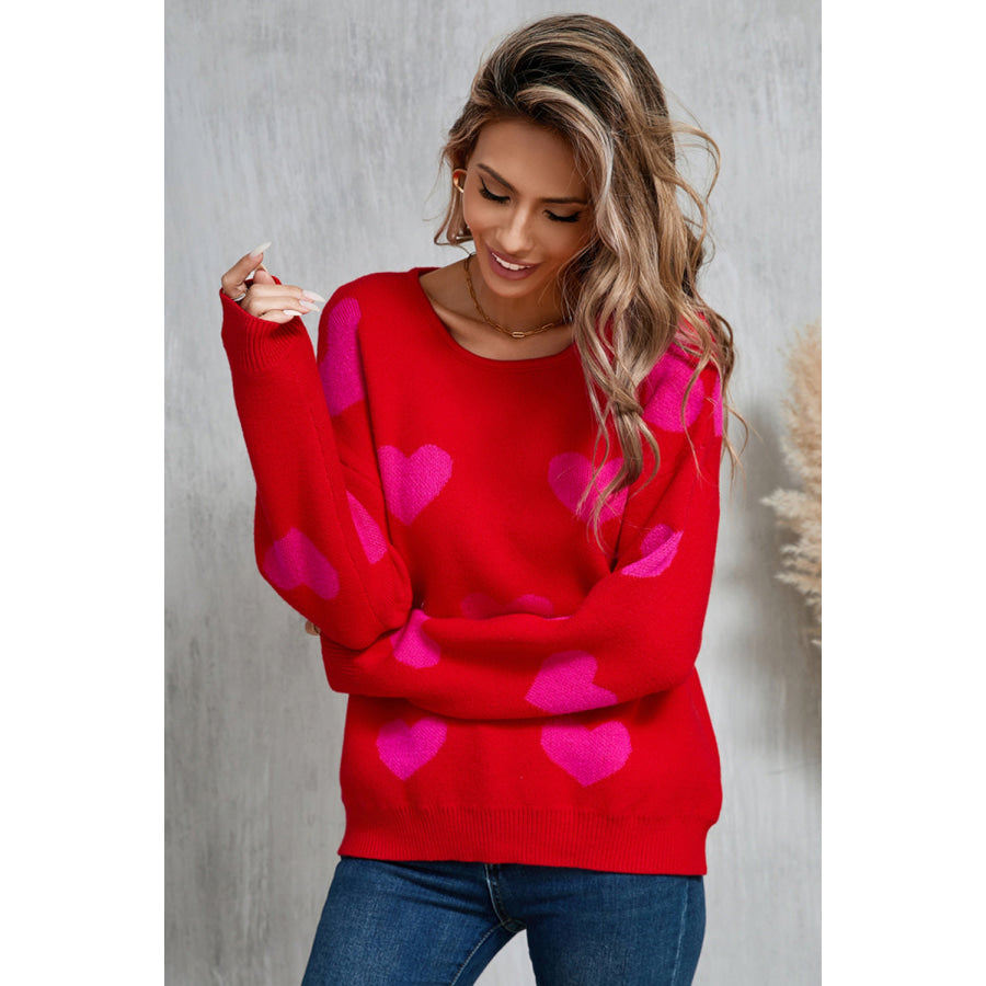 Angel Wings Heart Round Neck Dropped Shoulder Sweater Apparel and Accessories