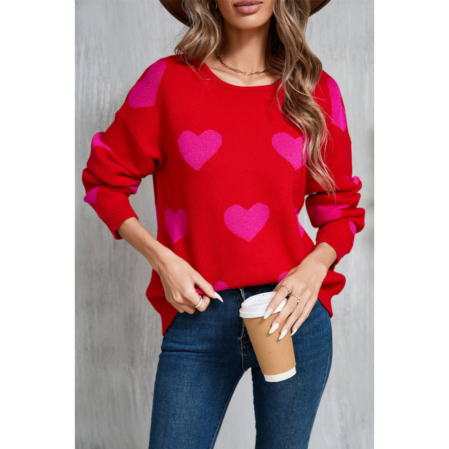 Angel Wings Heart Round Neck Dropped Shoulder Sweater Apparel and Accessories