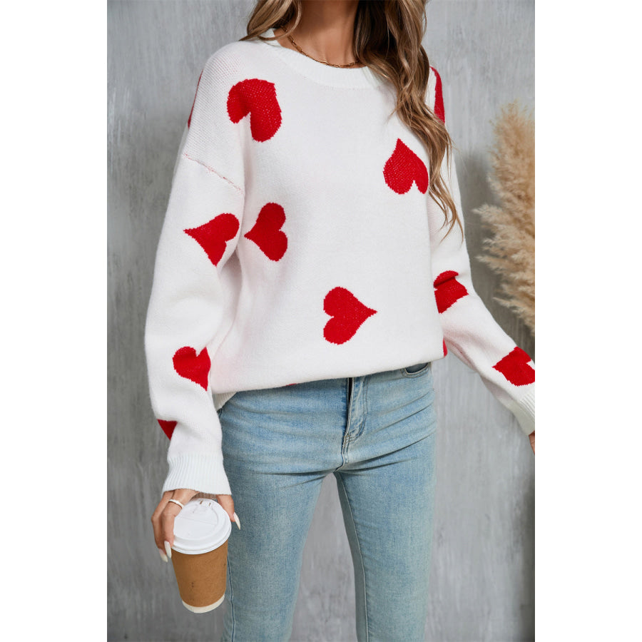 Angel Wings Heart Round Neck Dropped Shoulder Sweater Apparel and Accessories