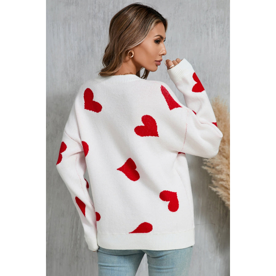 Angel Wings Heart Round Neck Dropped Shoulder Sweater White / S Apparel and Accessories