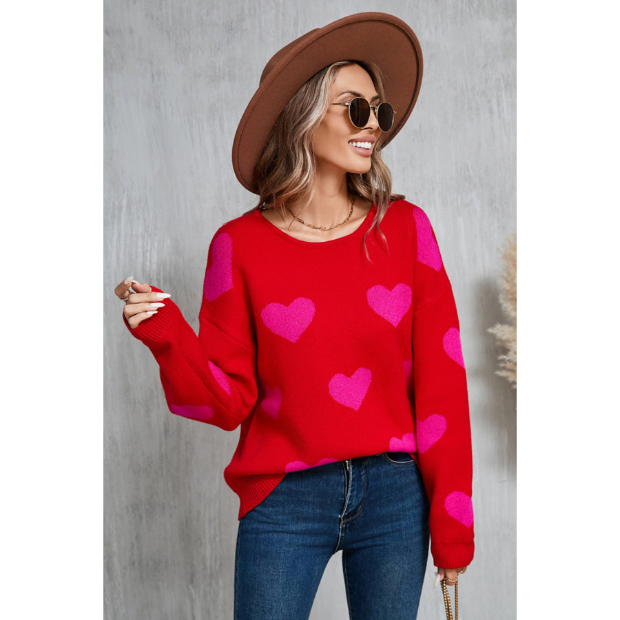 Angel Wings Heart Round Neck Dropped Shoulder Sweater Apparel and Accessories