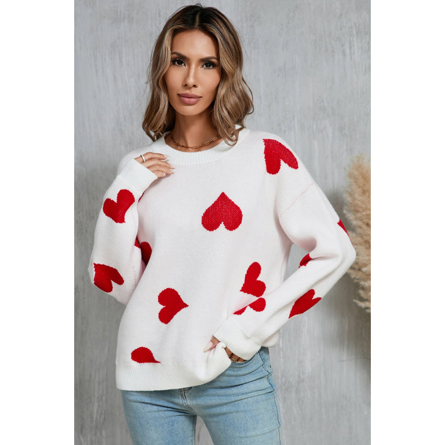 Angel Wings Heart Round Neck Dropped Shoulder Sweater Apparel and Accessories