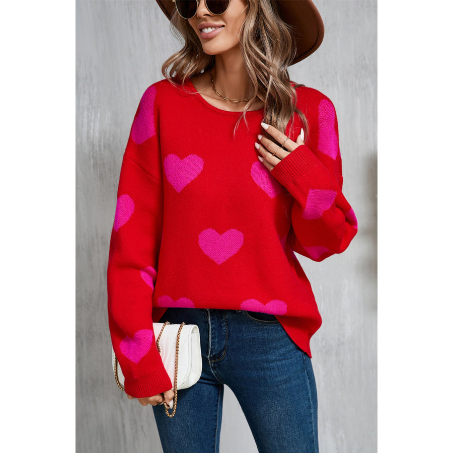 Angel Wings Heart Round Neck Dropped Shoulder Sweater Red / S Apparel and Accessories