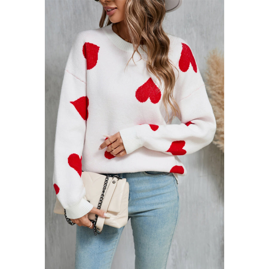 Angel Wings Heart Round Neck Dropped Shoulder Sweater White / S Apparel and Accessories