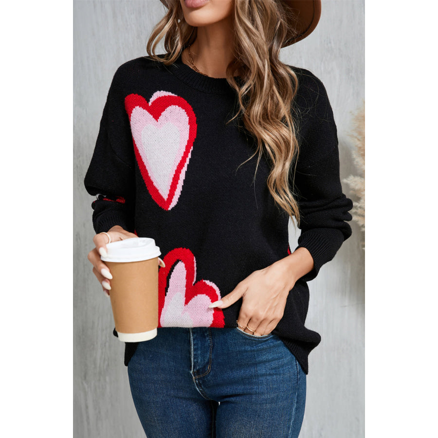 Angel Wings Heart Round Neck Long Sleeve Sweater Black / S Apparel and Accessories