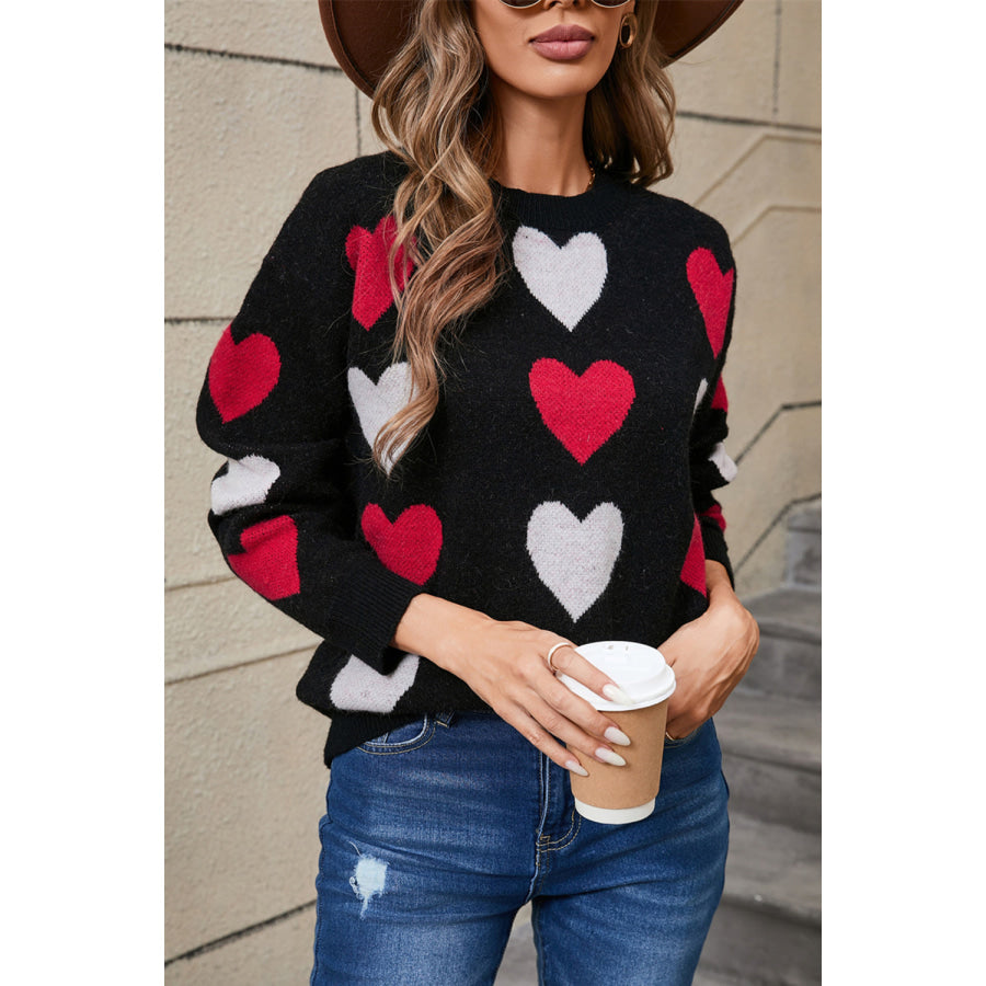 Angel Wings Heart Round Neck Long Sleeve Sweater Black / S Apparel and Accessories