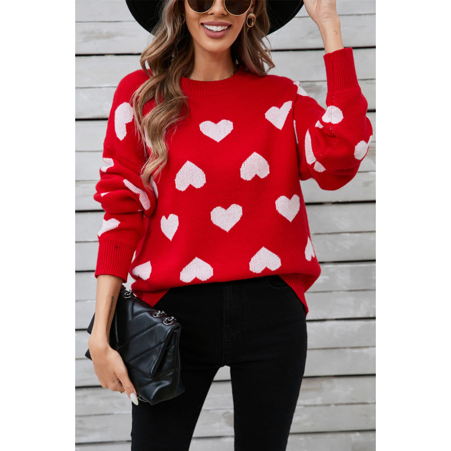 Angel Wings Heart Round Neck Long Sleeve Sweater Deep Red / S Apparel and Accessories