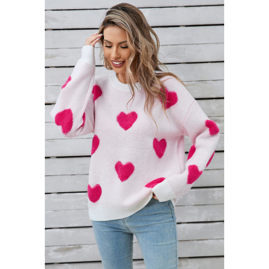 Angel Wings Heart Round Neck Long Sleeve Sweater Hot Pink / S Apparel and Accessories