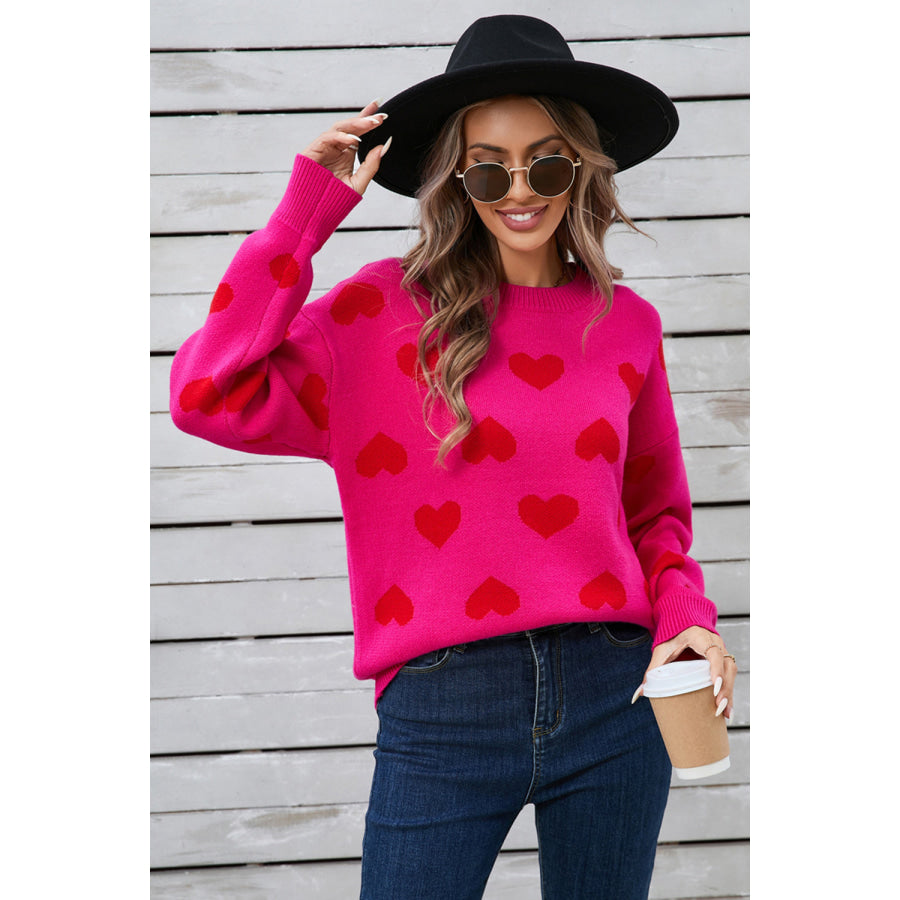 Angel Wings Heart Round Neck Long Sleeve Sweater Hot Pink / S Apparel and Accessories