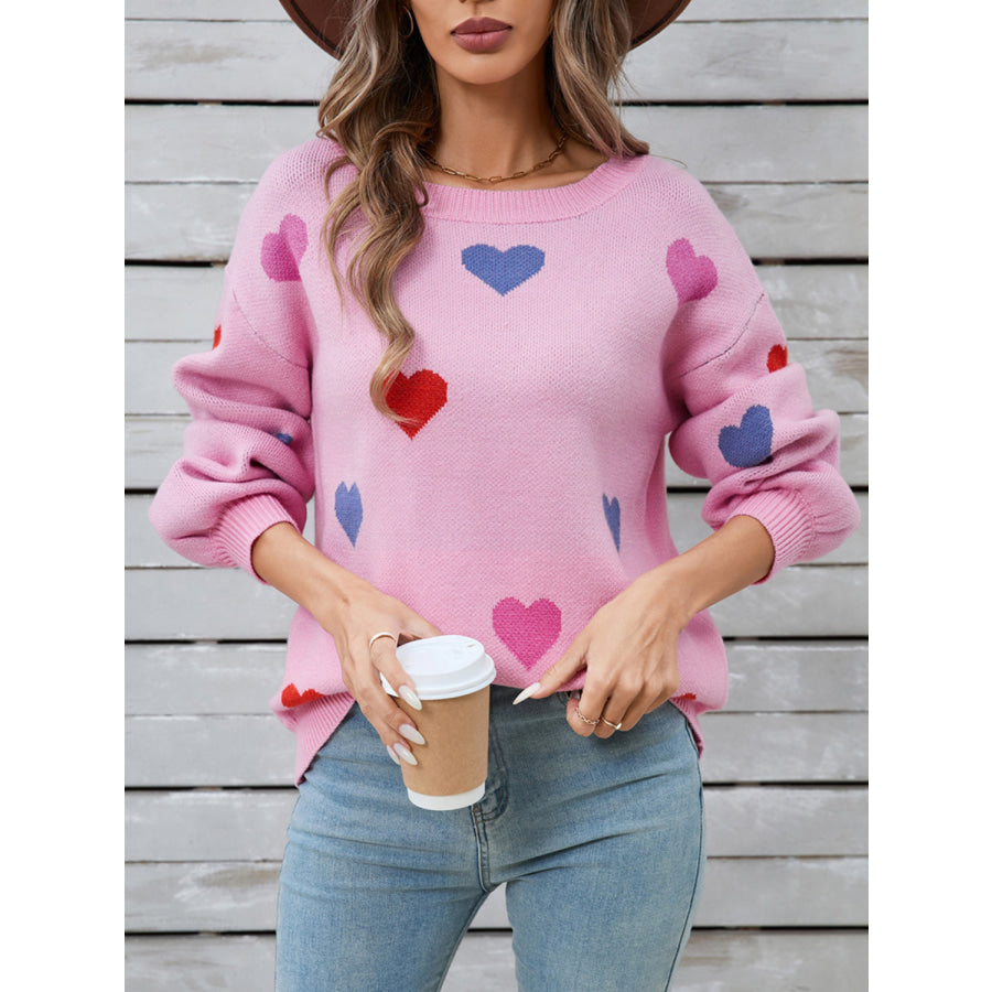 Angel Wings Heart Round Neck Long Sleeve Sweater Pink / S Apparel and Accessories