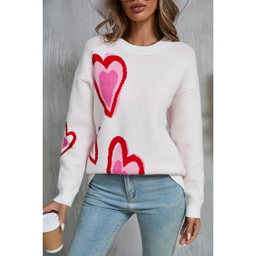 Angel Wings Heart Round Neck Long Sleeve Sweater White / S Apparel and Accessories