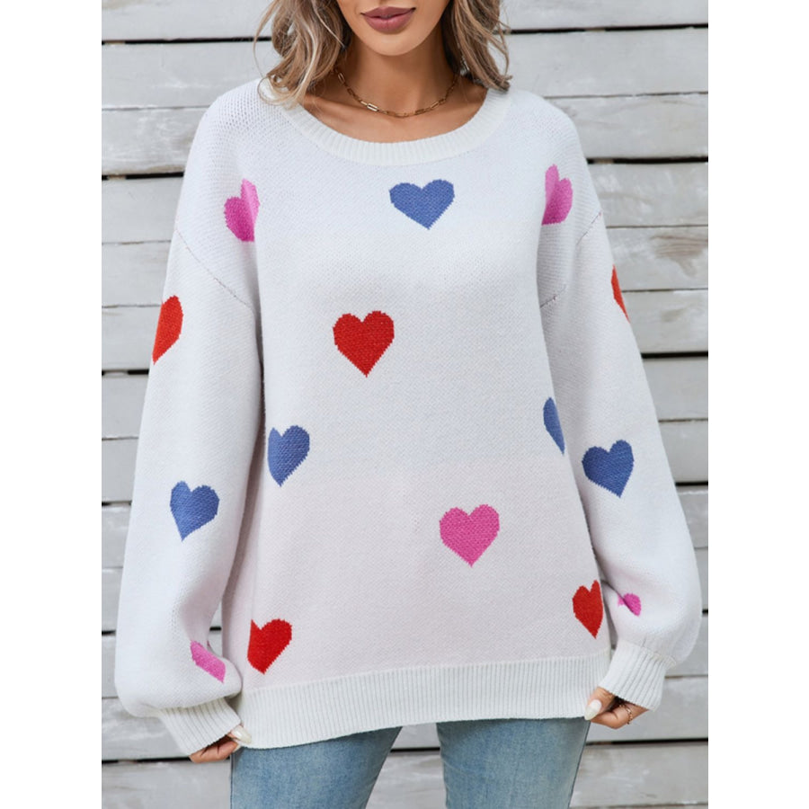 Angel Wings Heart Round Neck Long Sleeve Sweater White / S Apparel and Accessories