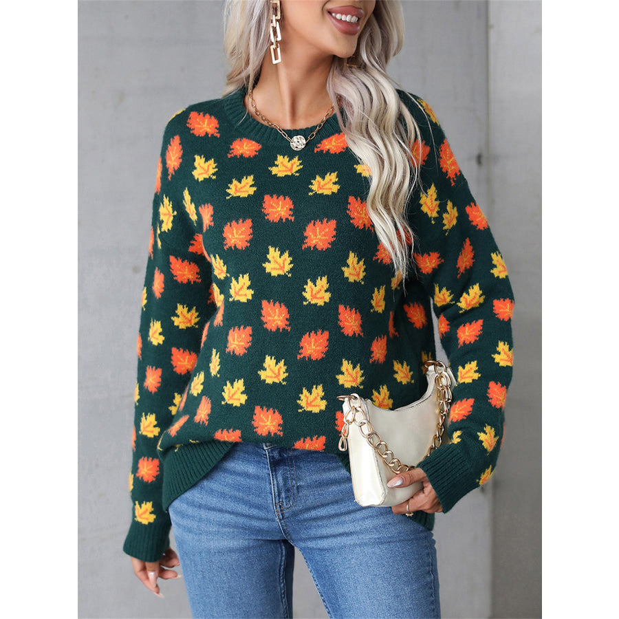 Angel Wings Maple Leaf Round Neck Long Sleeve Sweater Dark Green / S Apparel and Accessories