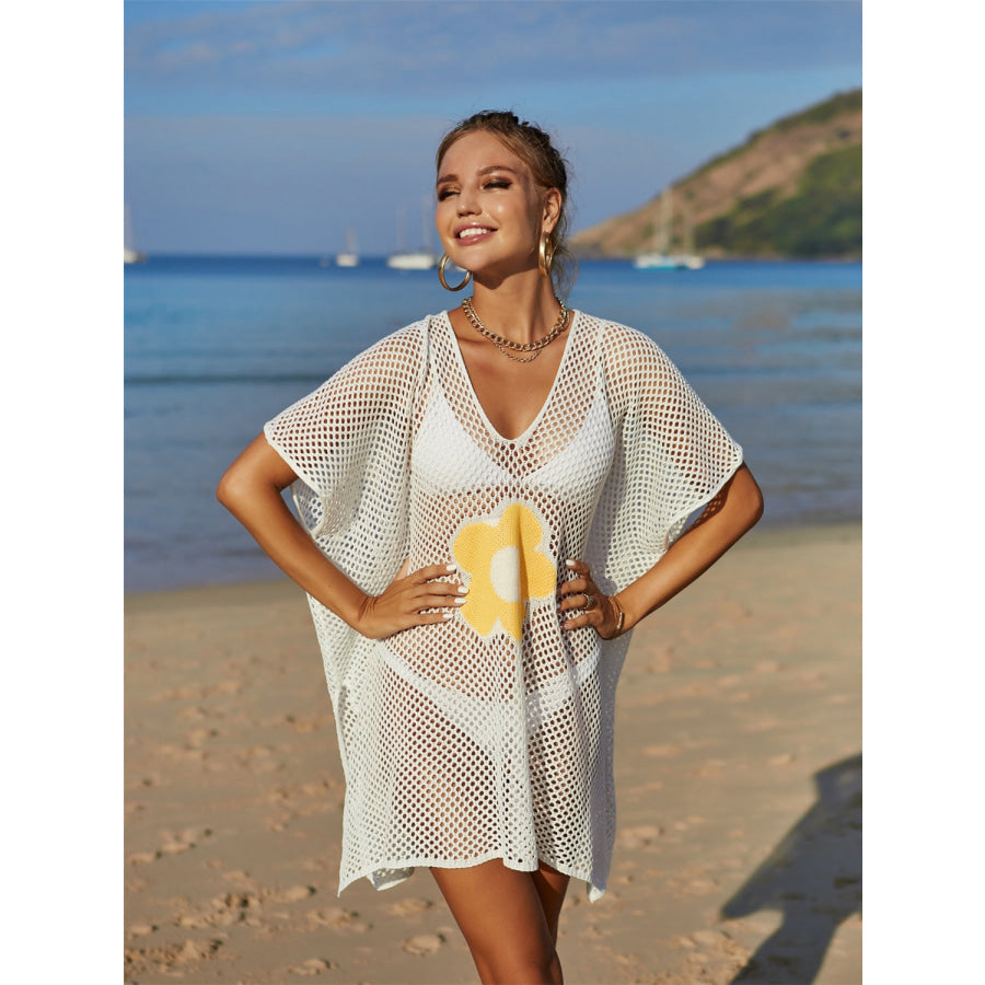 Angel Wings Openwork Flower V-Neck Short Sleeve Cover Up Apparel and Accessories