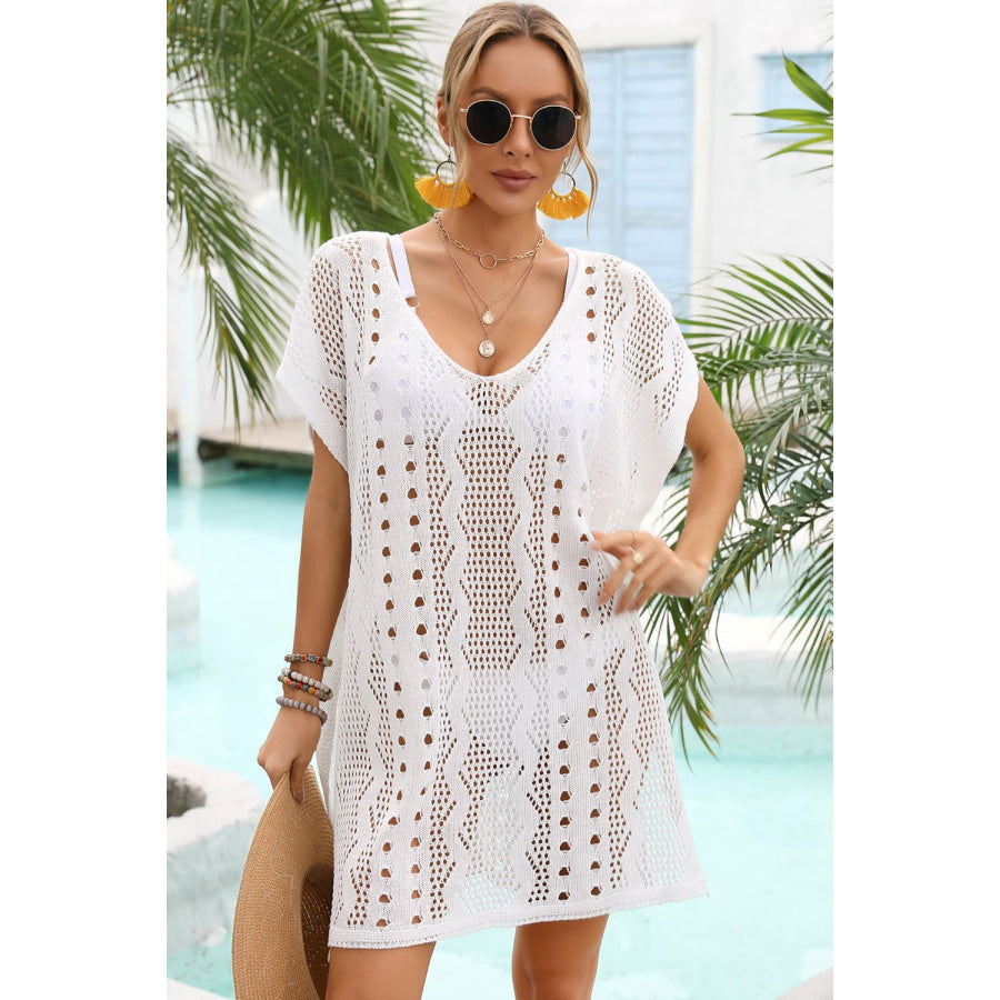 Angel Wings Openwork Plunge Dolman Sleeve Cover-Up Dress White / One Size Apparel and Accessories