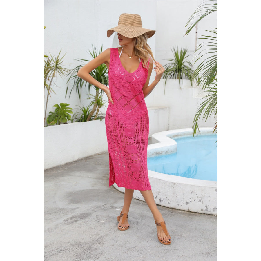 Angel Wings Openwork Slit V-Neck Sleeveless Cover Up Hot Pink / One Size Apparel and Accessories