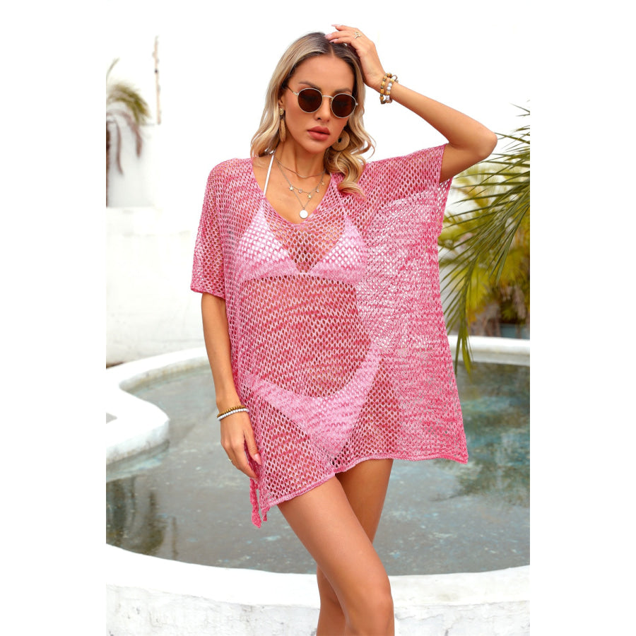 Angel Wings Openwork V-Neck Half Sleeve Cover Up Hot Pink / One Size Apparel and Accessories