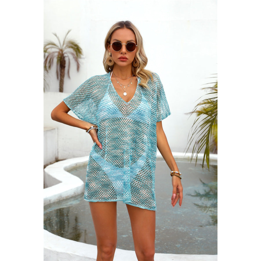 Angel Wings Openwork V-Neck Half Sleeve Cover Up Teal / One Size Apparel and Accessories