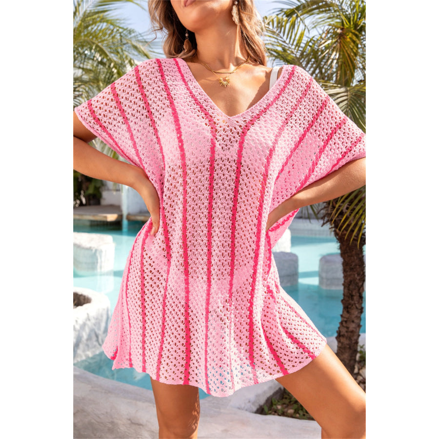 Angel Wings Openwork V-Neck Short Sleeve Cover Up Blush Pink / One Size Apparel and Accessories