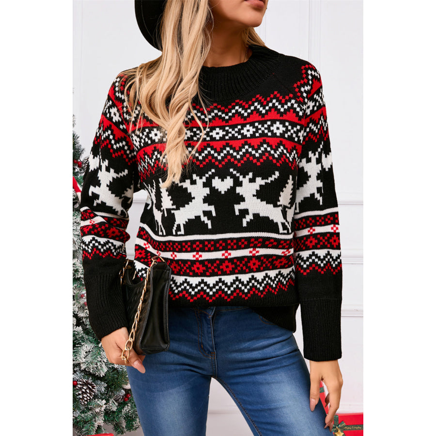 Angel Wings Reindeer Round Neck Long Sleeve Sweater Black / S Apparel and Accessories