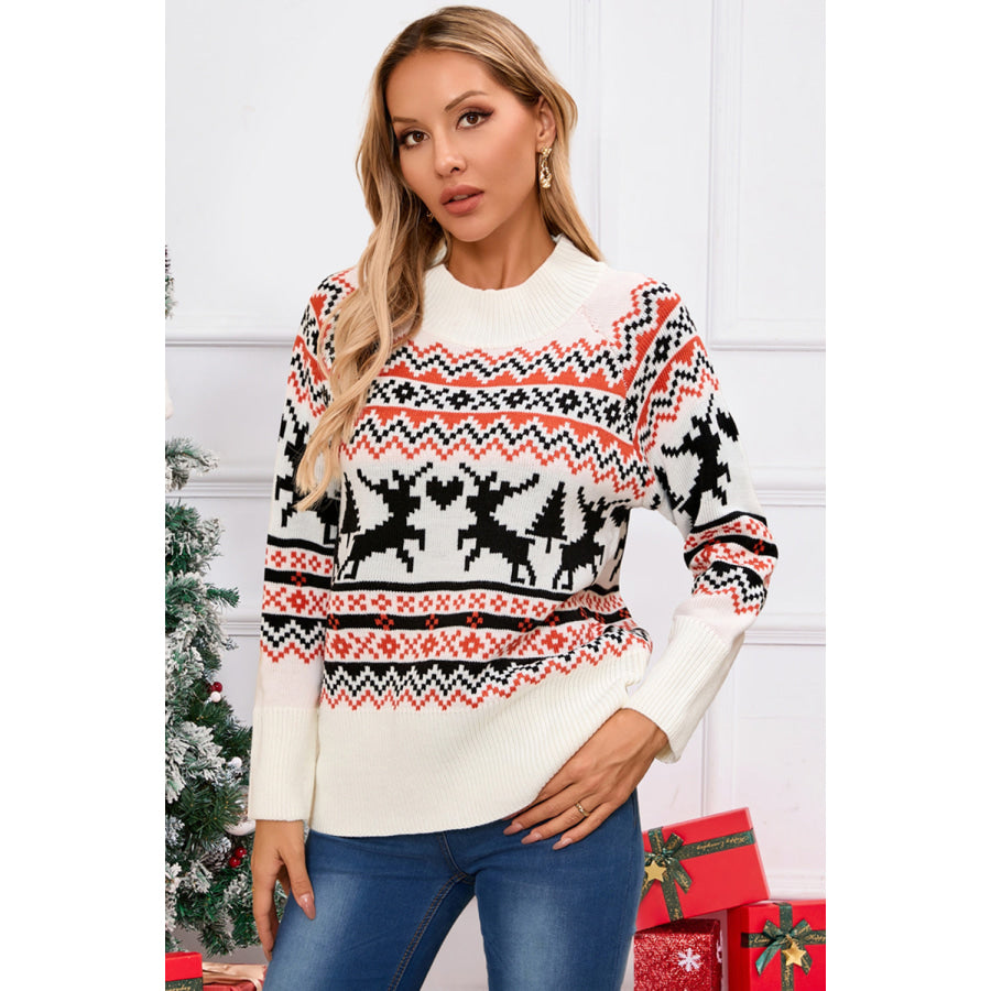 Angel Wings Reindeer Round Neck Long Sleeve Sweater White / S Apparel and Accessories