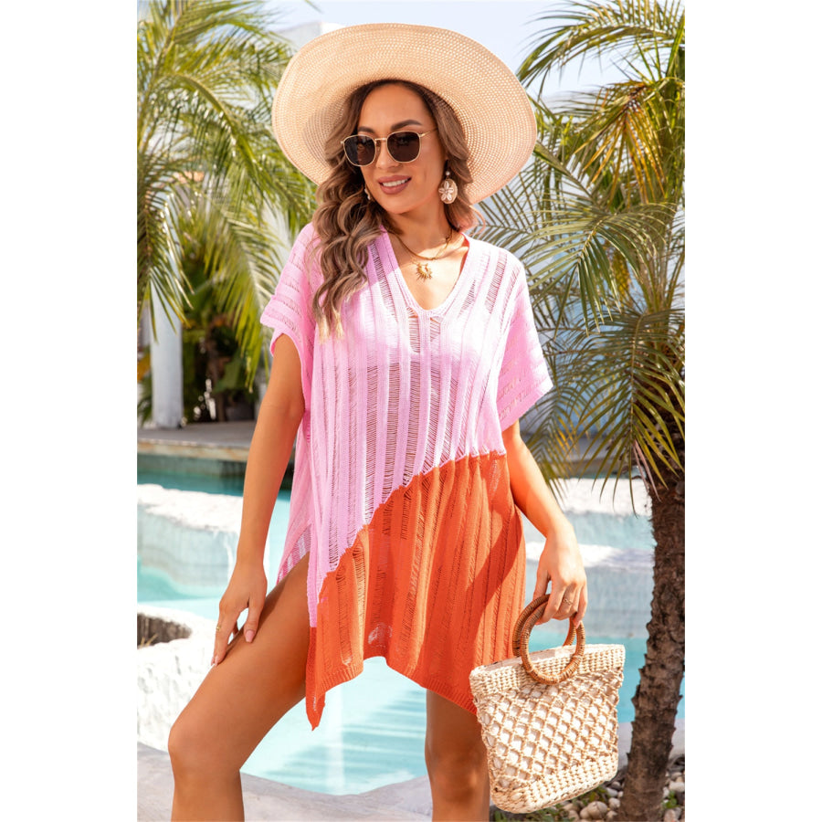 Angel Wings Slit Color Block V-Neck Cover Up Apparel and Accessories