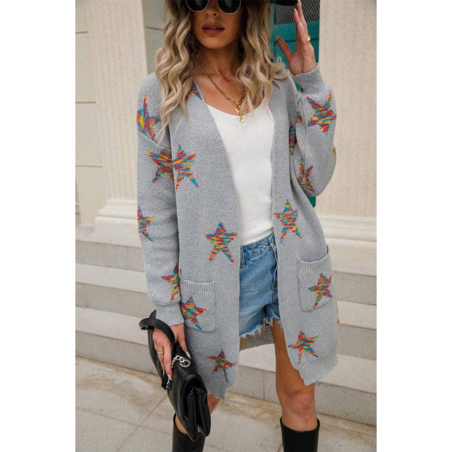 Angel Wings Star Open Front Long Sleeve Cardigan Light Gray / S Apparel and Accessories