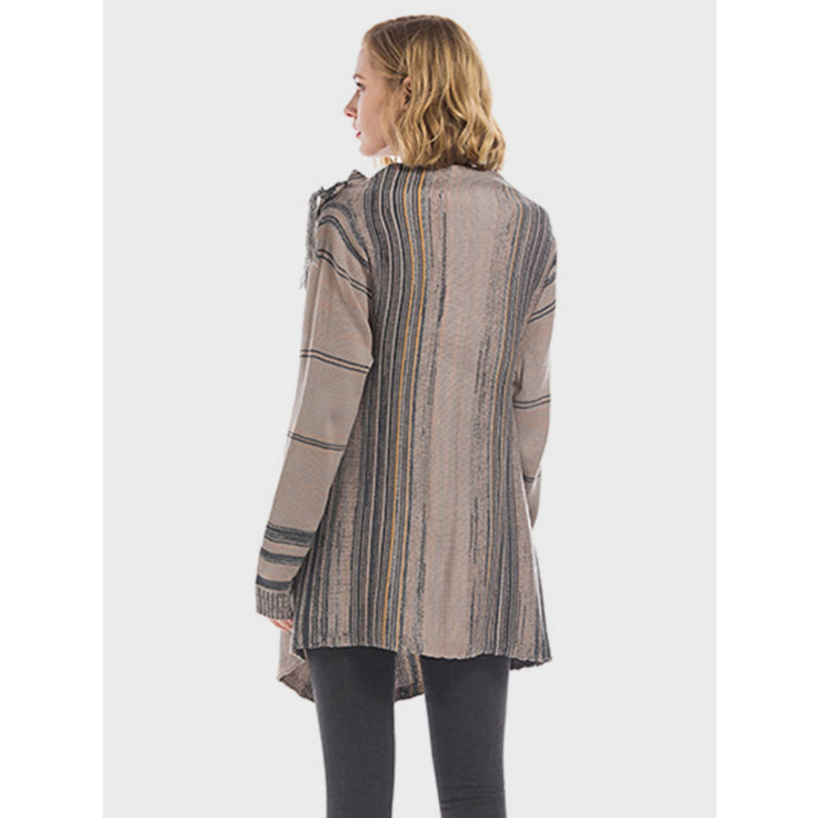 Angel Wings Tassel Striped Open Front Long Sleeve Cardigan Dark Gray / S Apparel and Accessories