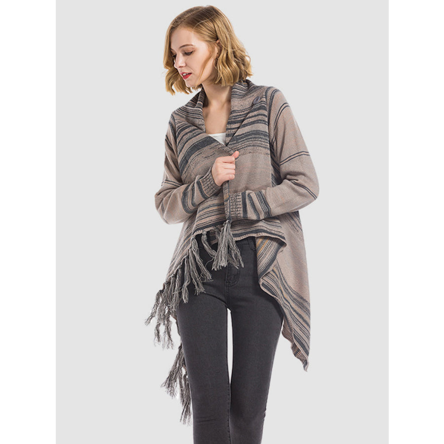 Angel Wings Tassel Striped Open Front Long Sleeve Cardigan Dark Gray / S Apparel and Accessories