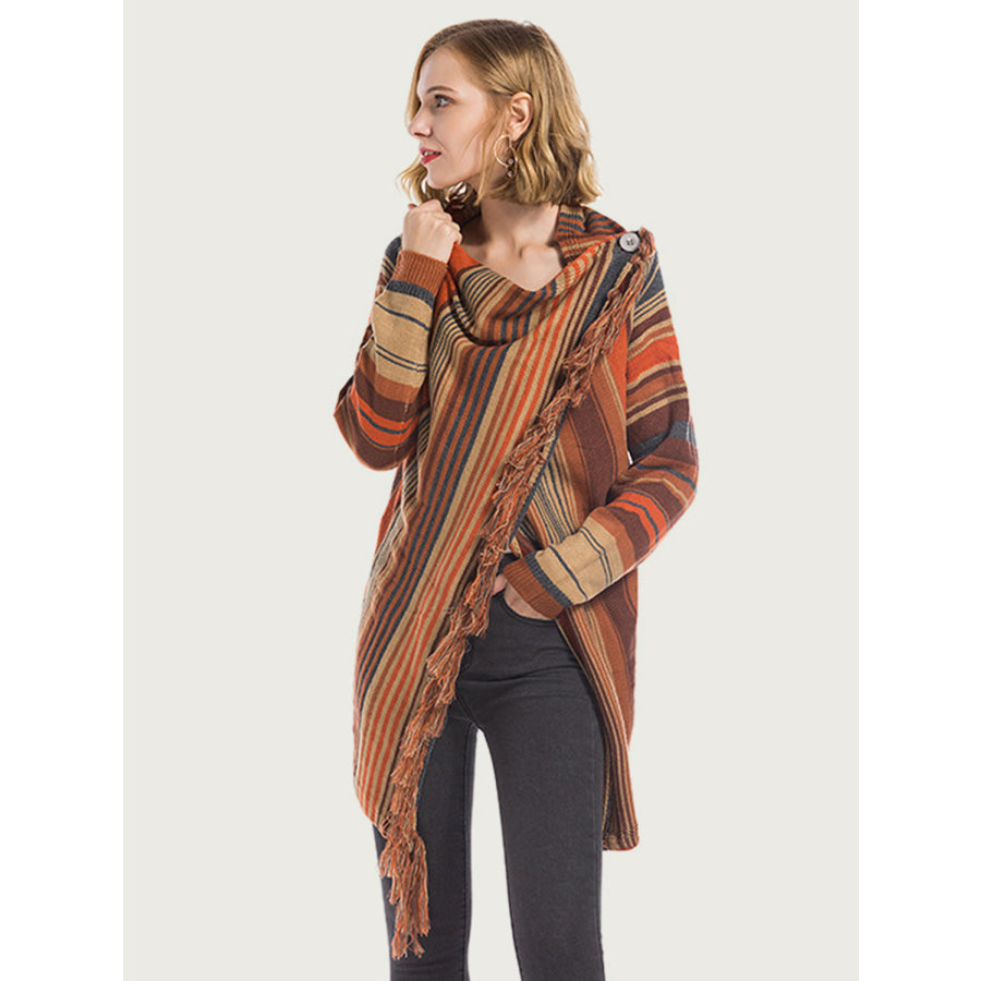 Angel Wings Tassel Striped Open Front Long Sleeve Cardigan Ochre / S Apparel and Accessories