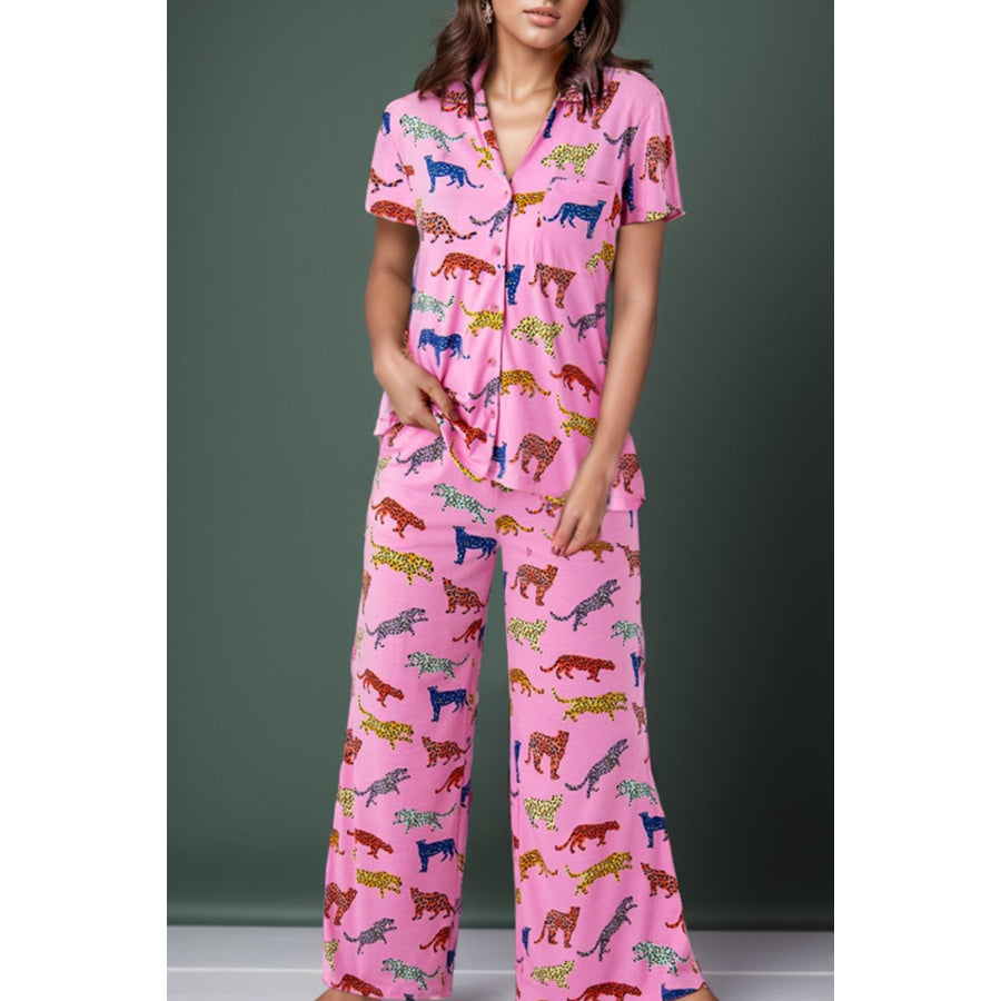 Animal Button Up Top and Pants Lounge Set Apparel Accessories