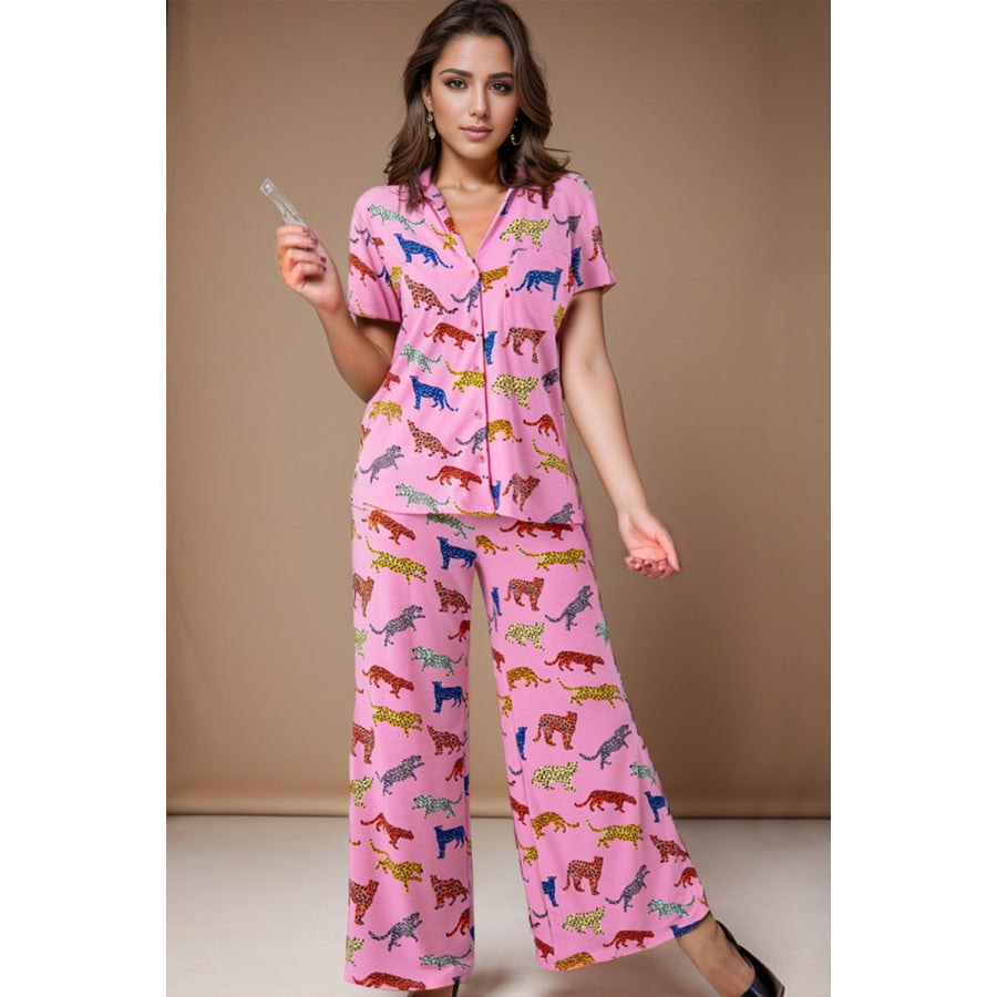 Animal Button Up Top and Pants Lounge Set Apparel Accessories