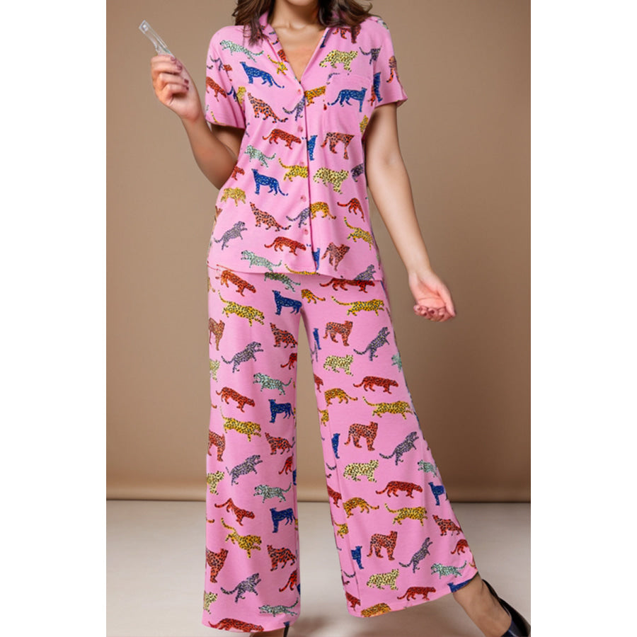 Animal Button Up Top and Pants Lounge Set Carnation Pink / S Apparel Accessories