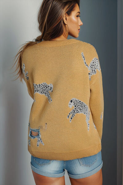 Animal Element Round Neck Dropped Shoulder Sweater Mustard / S Clothing