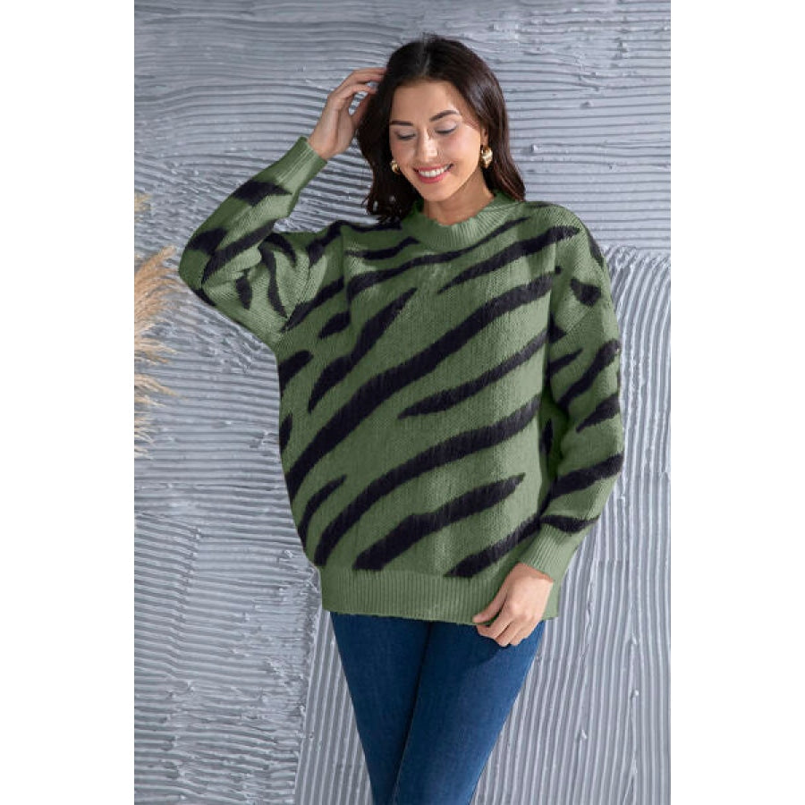 Animal Element Round Neck Dropped Shoulder Sweater Mid Green / S Clothing