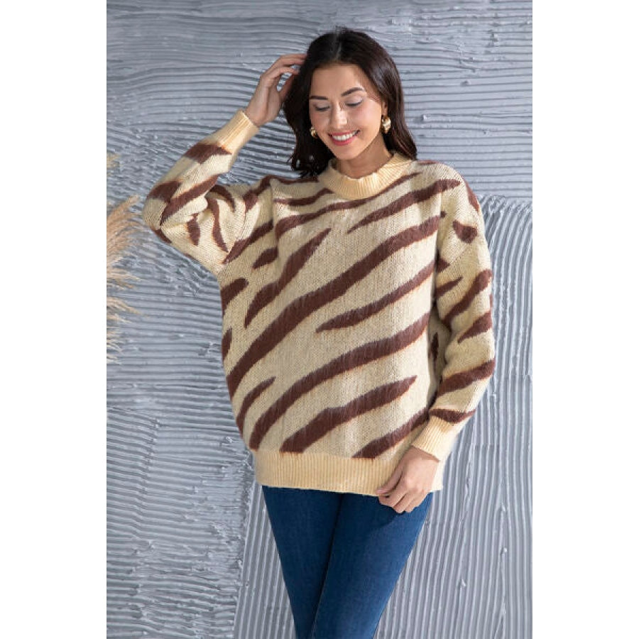 Animal Element Round Neck Dropped Shoulder Sweater Sand / S Clothing