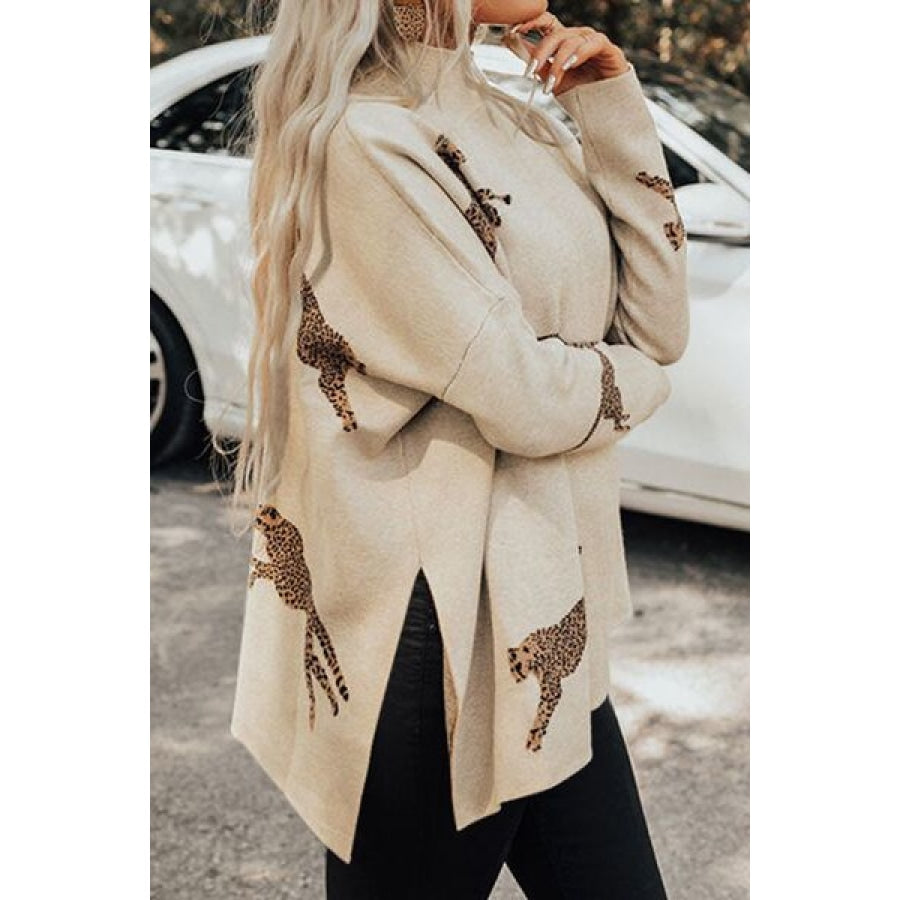 Animal Pattern Mock Neck Long Sleeve Slit Sweater Clothing