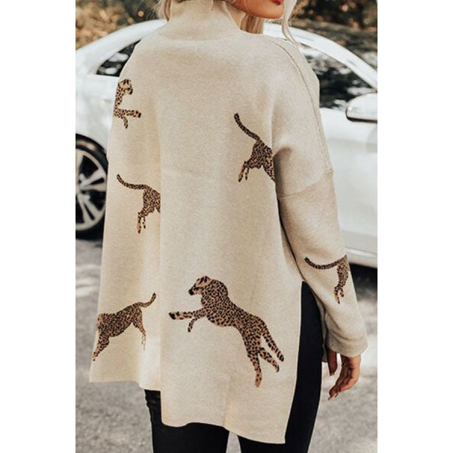 Animal Pattern Mock Neck Long Sleeve Slit Sweater Clothing