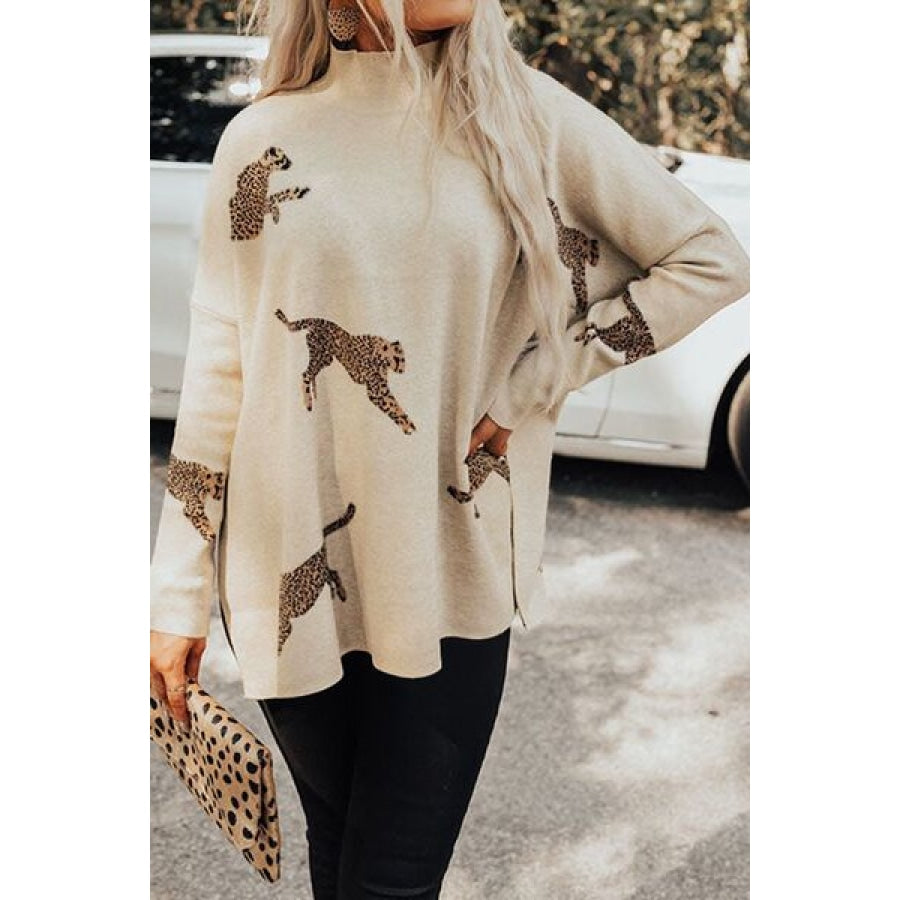 Animal Pattern Mock Neck Long Sleeve Slit Sweater Cream / S Clothing