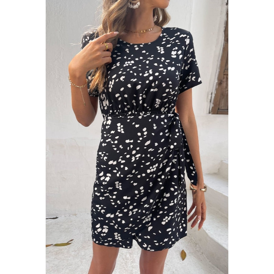 Animal Print Belted Keyhole Round Neck Dress Black / XS