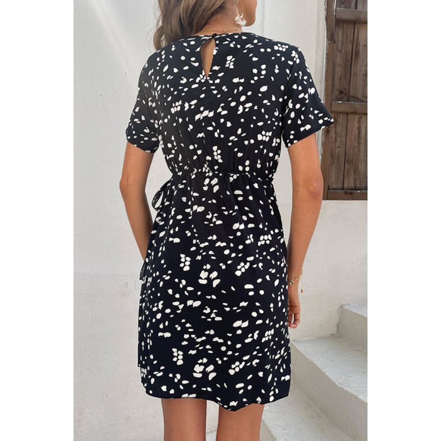 Animal Print Belted Keyhole Round Neck Dress