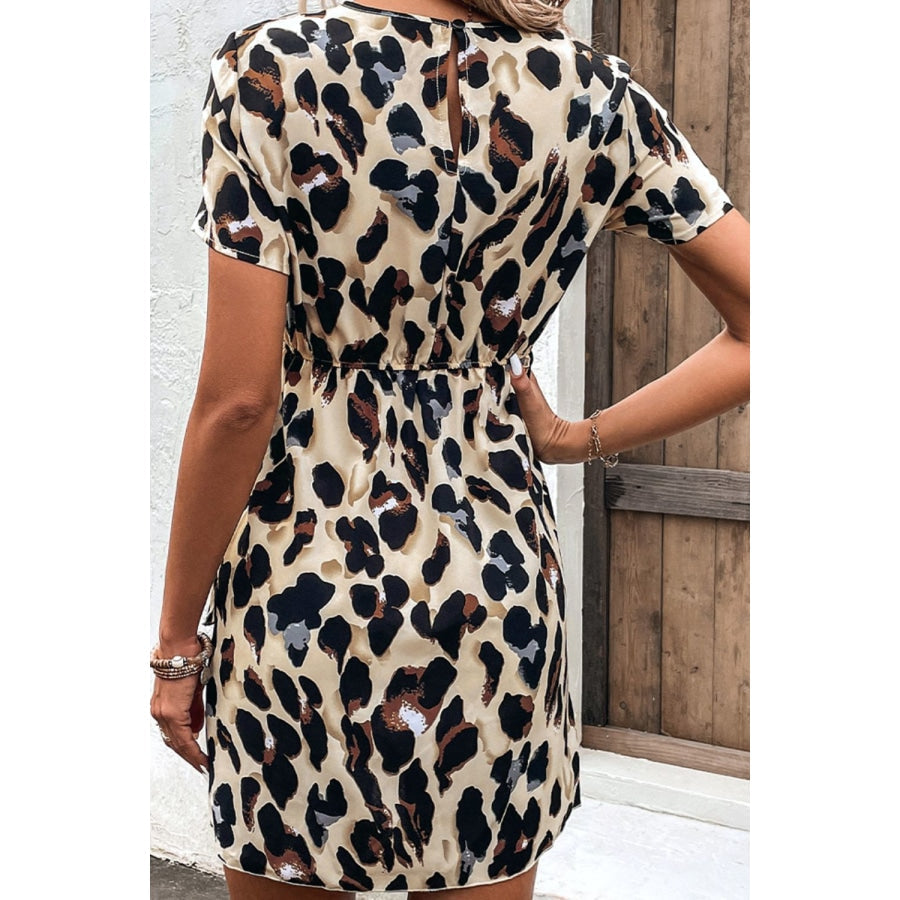 Animal Print Belted Keyhole Round Neck Dress