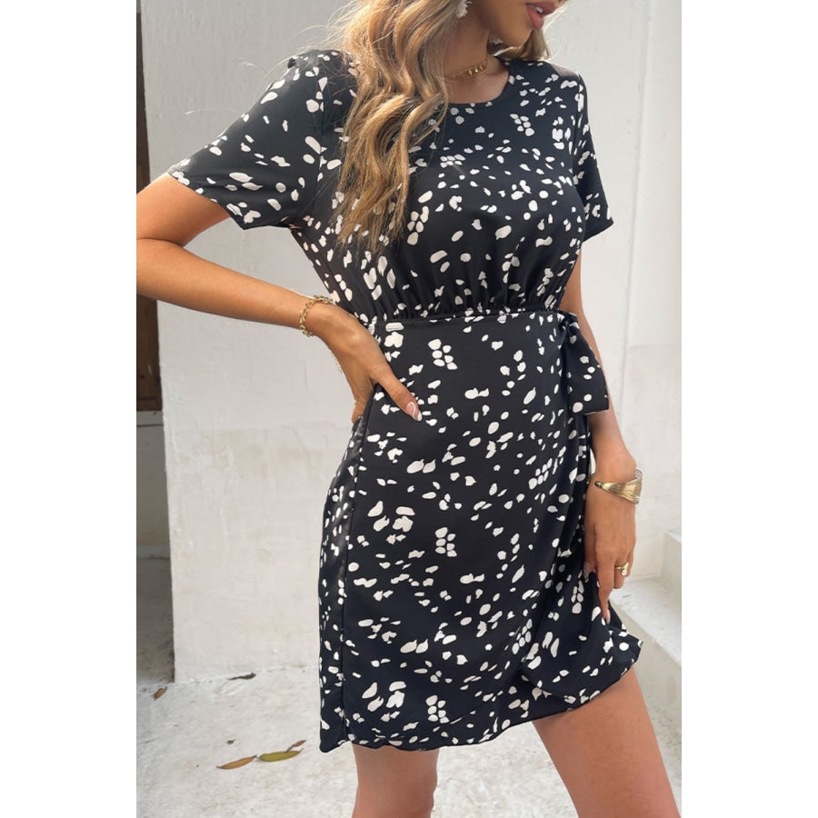 Animal Print Belted Keyhole Round Neck Dress