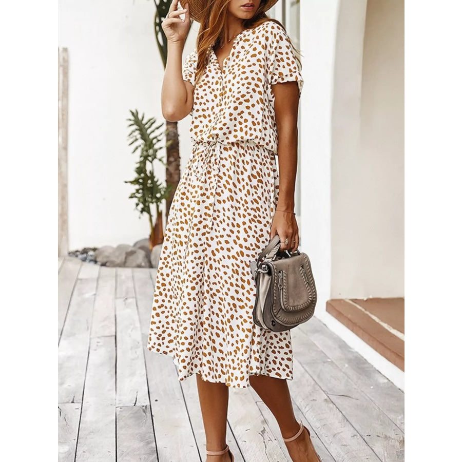 Animal Print Drawstring Waist Midi Dress Beige / S Apparel and Accessories