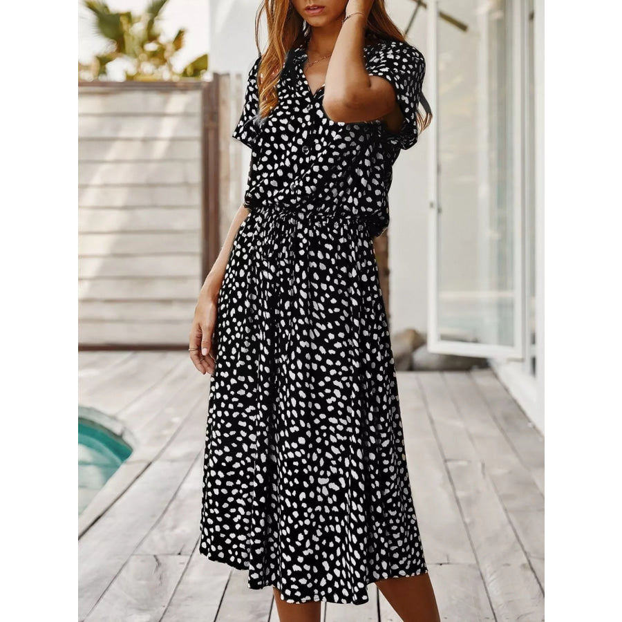 Animal Print Drawstring Waist Midi Dress Black / S Apparel and Accessories