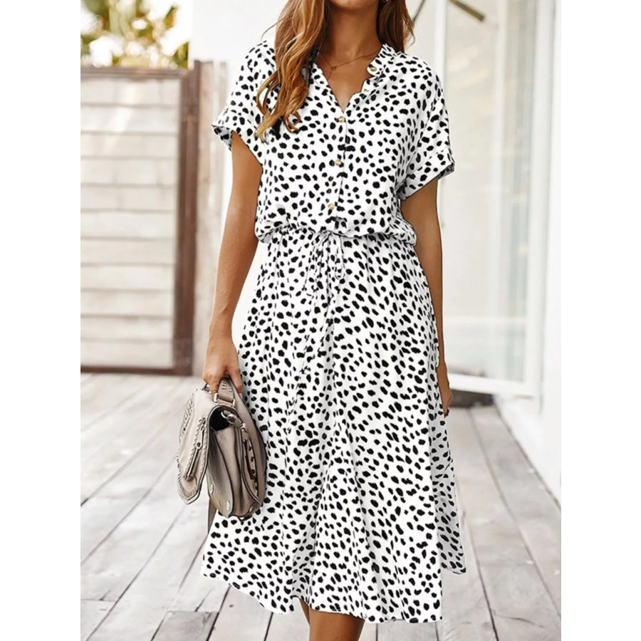 Animal Print Drawstring Waist Midi Dress White / S Apparel and Accessories